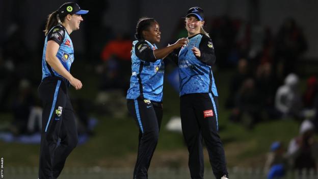 Anesu Mushangwe of the Adelaide Strikers celebrates a wicket against Melbourne Stars