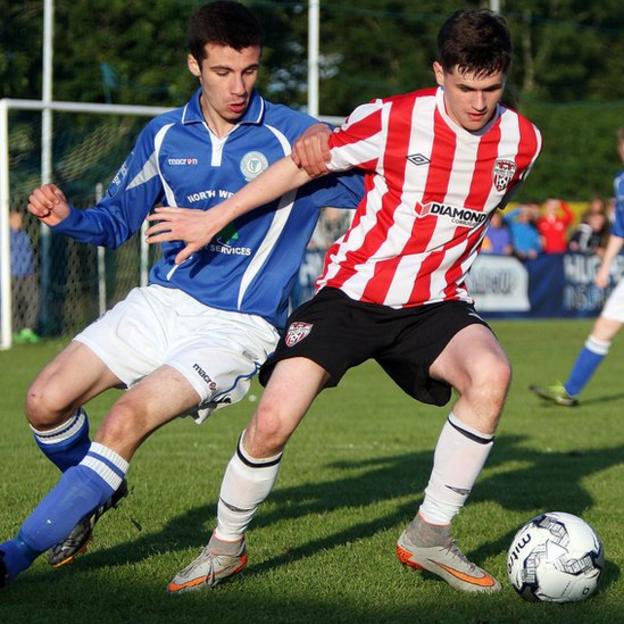 Finn Harps player Daire Boyle challenges Derry's Ryan Doherty during the Under-19 final of the Foyle Cup