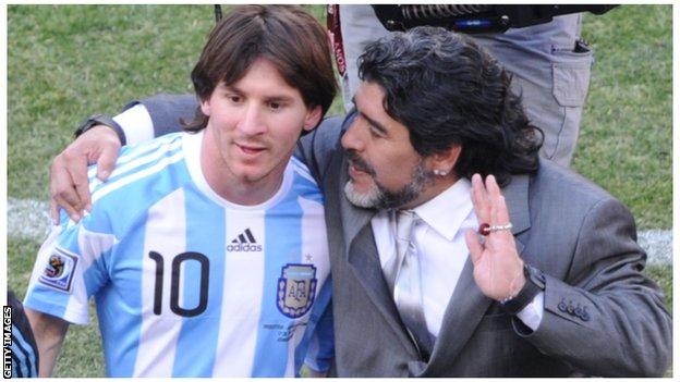 Manager, Diego Maradona embraces Lionel Messi for Argentine national side.