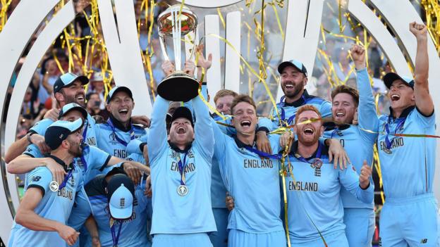 England"s captain Eoin Morgan lifts the World Cup trophy as England"s players celebrate their win after the 2019 Cricket World Cup final between England and New Zealand at Lord"s Cricket Ground in London on July 14, 2019. - England won the World Cup for the first time as they beat New Zealand in a Super Over after a nerve-shredding final ended in a tie at Lord"s on Sunday. (Photo by Glyn KIRK / AFP)