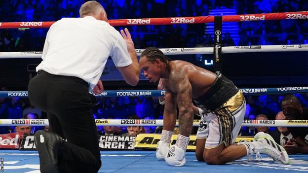The referee counts as Anthony Yarde gets back to his feet