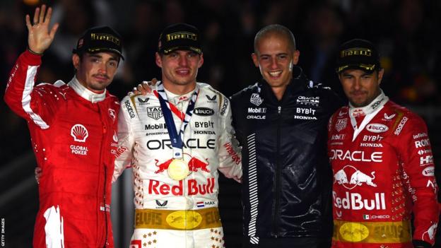 Charles Leclerc, Max Verstappen and Sergio Perez on the podium at the Las Vegas Grand Prix