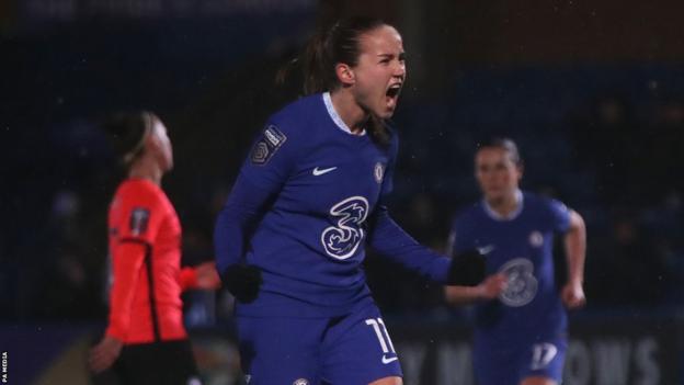 Guro Reiten celebrates scoring a punishment  for Chelsea against Brighton successful  the Women's Super League