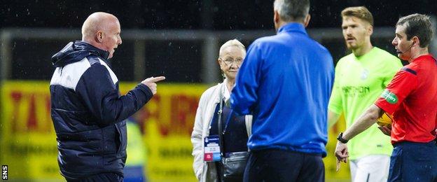 Falkirk manager Peter Houston makes his feelings known to referee Alan Muir at half-time