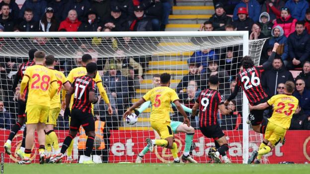 Enes Unal scores for Bournemouth against Sheffield United in the Premier League