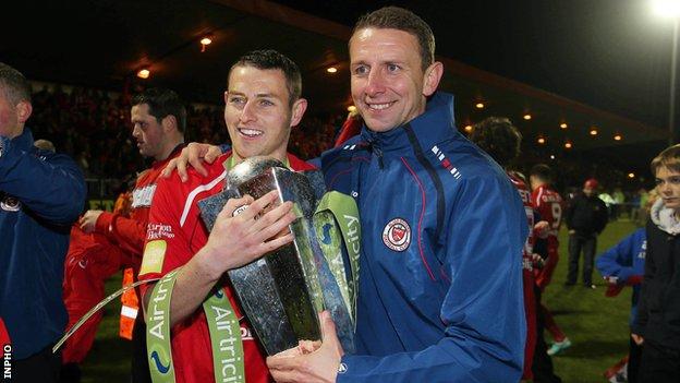 Danny Ventre and Ian Baracough celebrate Sligo's League of Ireland title triumph in 2012