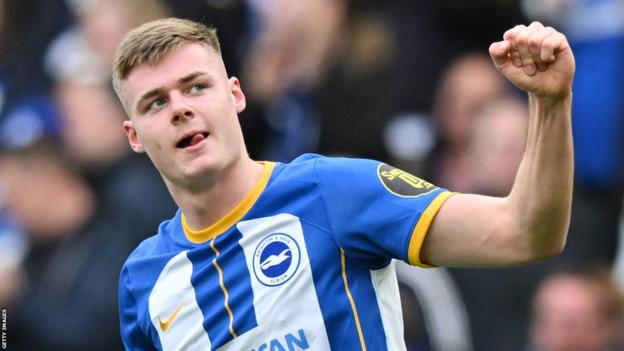 Brighton's Irish striker Evan Ferguson celebrates after scoring his team second goal during the English FA Cup quarter-final football match between Brighton & Hove Albion and Grimsby Town at the Amex stadium in Brighton
