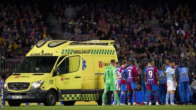 Ronald Araujo received lengthy treatment on the pitch before being taken to hospital in an ambulance