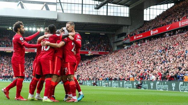 Liverpool players celebrate Diogo Jota's goal