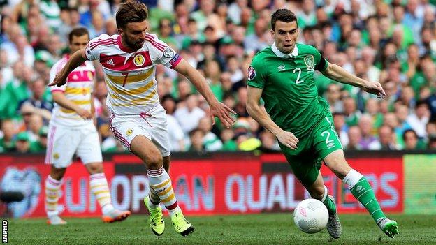 The Republic's Seamus Coleman attempts to get past Scotland's James Morrison during the June 2015 contest in Dublin