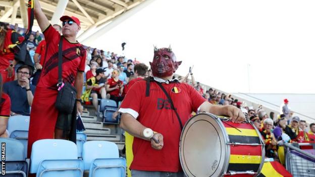 Belgium fans during the Euro 2022 game with Iceland at Manchester City's Academy Stadium