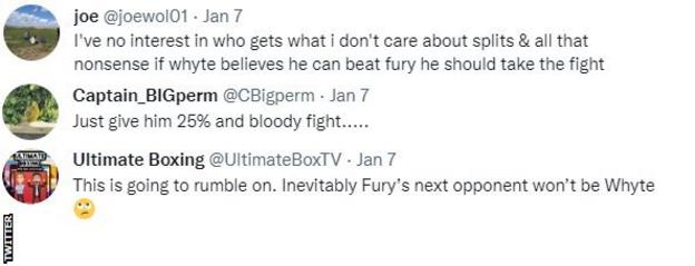 Boxing fans on Twitter discuss Fury v Whyte delays. One fan says "I've no interest in who gets what"