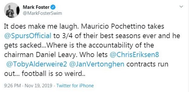 It does make me laugh. Mauricio Pochettino takes Spurs to 3/4 of their best seasons ever and he gets sacked...Where is the accountability of the chairman Daniel Leavy. football is so weird..