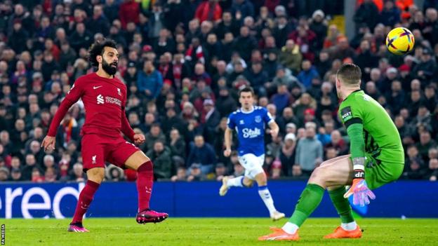 Mohamed Salah gives Liverpool the lead over Everton at Anfield
