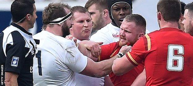 Marler and Samson Lee clash during England's 25-21 defeat of Wales