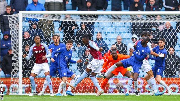 Bertrand Traore scores for Aston Villa against Chelsea at Villa Park