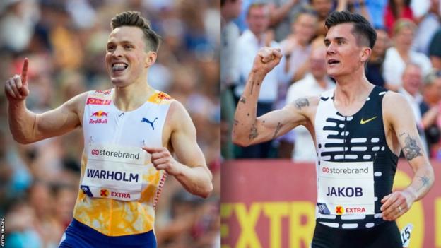 Karsten Warholm and Jakob Ingebrigtsen celebrate their victories in Oslo
