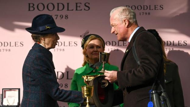 Princess Anne congratulates trainer, Willie Mullins, and owner, Audrey Turley after Gold Cup success