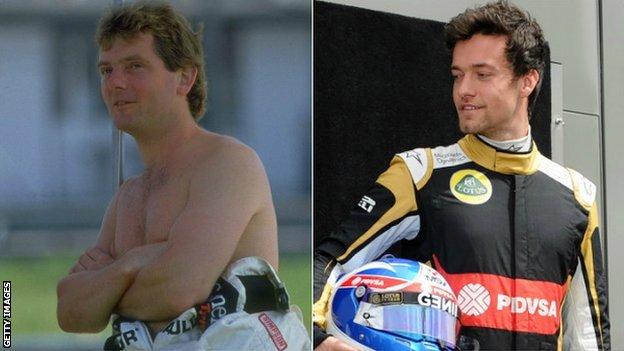 Jonathan Palmer during the 1980s and his son Jolyon Palmer today