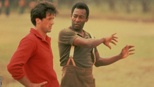 Pele with actor Sylvester Stallone during filming of Escape to Victory, released in 1981