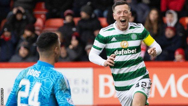 Celtic’s Callum McGregor celebrates making it 1-0 during a cinch Premiership match between Aberdeen and Celtic at Pittodrie