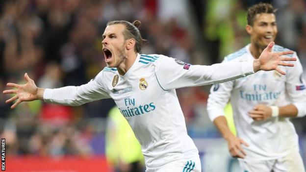 Gareth Bale celebrates scoring for Real Madrid against Liverpool in the 2018 Champions League final