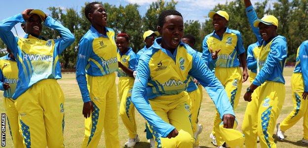 The Rwanda women's cricket team celebrate a victory
