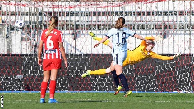 Maren Mjelde scores for Chelsea against Atletico Madrid in the first leg of their Champions League last 16 tie