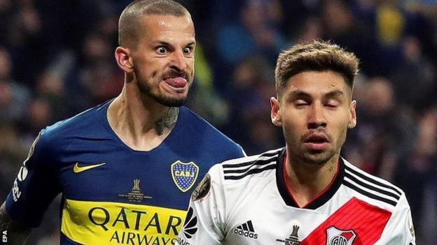 Gonzalo Montiel of Argentina's River Plate heads the ball during a