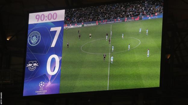 The scoreboard at Manchester City's Etihad Stadium shows the result of their 7-0 win over RB Leipzig in the Champions League
