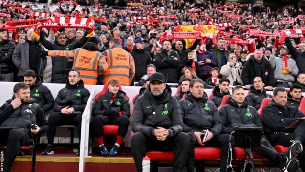 Klopp pictured in the Anfield dugout before Liverpool's FA Cup fourth round home match against Norwich