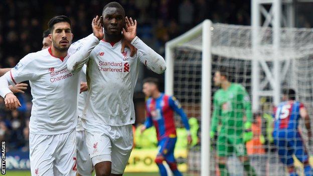 Christian Benteke celebrates scoring for Liverpool against Crystal Palace