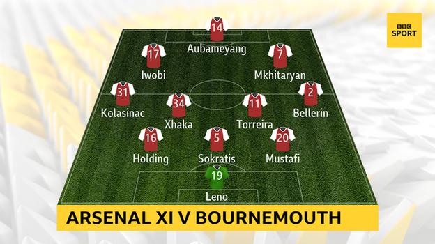 Arsenal XI v Bournemouth: Leno; Mustafi, Sokratis, Holding; Bellerin, Torreira, Xhaka, Kolasinac; Mkhitarayan, Aubameyang, Iwobi