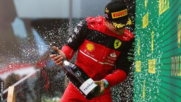 Ferrari's Charles Leclerc celebrates winning the Austria Grand Prix last month