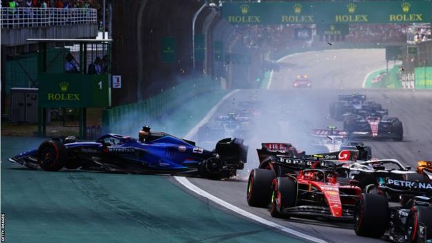 Williams' Alex Albon crashes on the first lap of the Sao Paulo Grand Prix