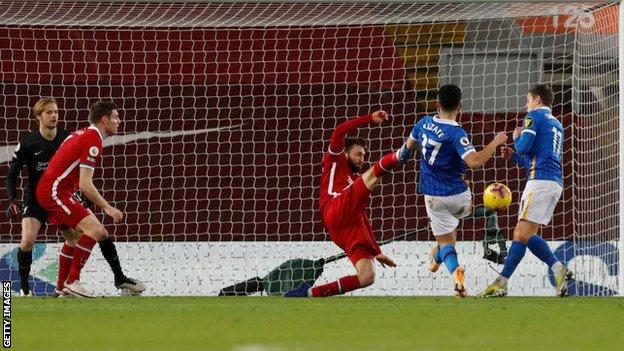Steven Alzate scores Brighton's winner against Liverpool
