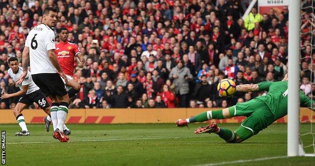 Marcus Rashford scores Manchester United's second goal against Liverpool