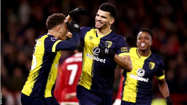 Dominic Solanke celebrates scoring at Nottingham Forest