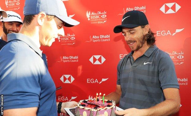 Rory McIlroy presented Tommy Fleetwood with a cake on his 27th birthday