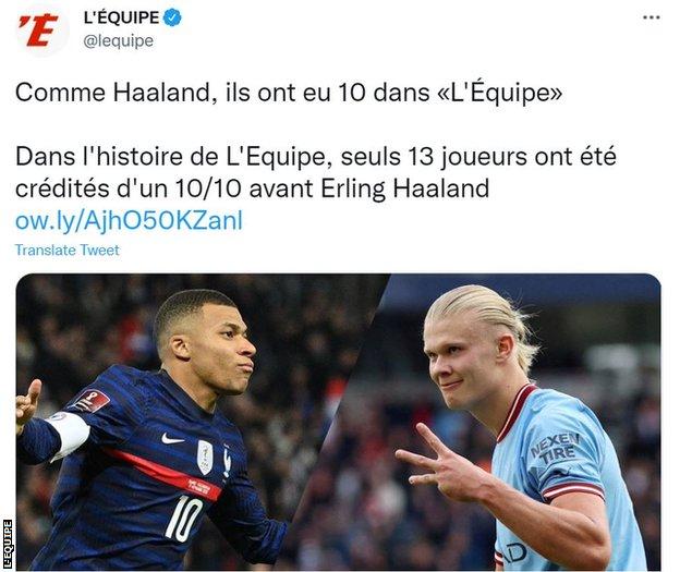 French newspaper L'Equipe is known for its harsh player ratings, but gave Manchester City's Erling Haaland a mark of 10/10 on Sunday - only the 14th player to get a top rating in the paper's 40+ years of history.