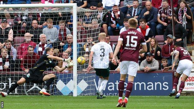 Hearts' Josh Ginnelly (right) has a header saved by Hibernian goalkeeper Matt Macey