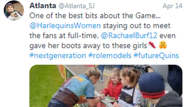 A tweet showing Rachael Burford signing autographs for young girls and saying she later gave them her boots