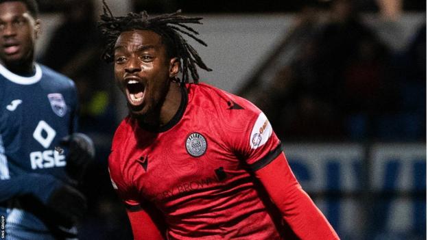 St Mirren’s Toyosi Olusanya celebrates after scoring to make it 1-1 during a cinch Premiership match between Ross County and St Mirren at the Global Energy Stadium