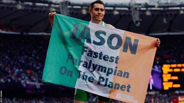 Jason Smyth celebrates after his 100m victory at the London Paralympics in 2012