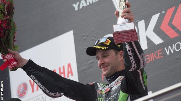Jonathan Rea celebrates after his victory in Phillip Island on Sunday