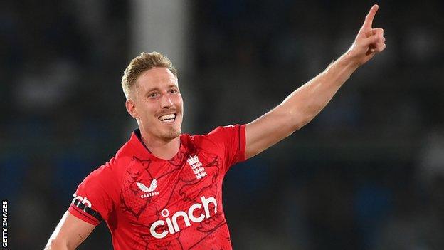 England's Luke Wood celebrates taking a wicket against Pakistan in the first Twenty20