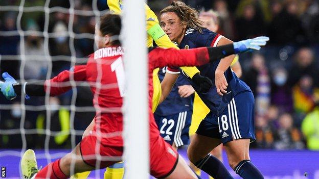 Scotland's Abi Harrison scores against Ukraine