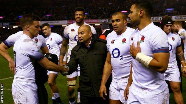 Head Coach of England Eddie Jones consoles George Ford and the team after defeat in the NatWest Six Nations match against Scotland