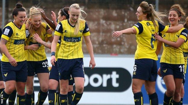 Oxford United women celebrate a goal in WSL