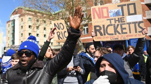 Chelsea fans protest against the Ricketts family's bid for the club